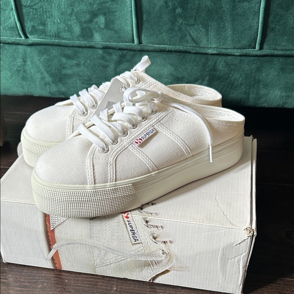 Superga White Canvas Platform Mule Sneakers